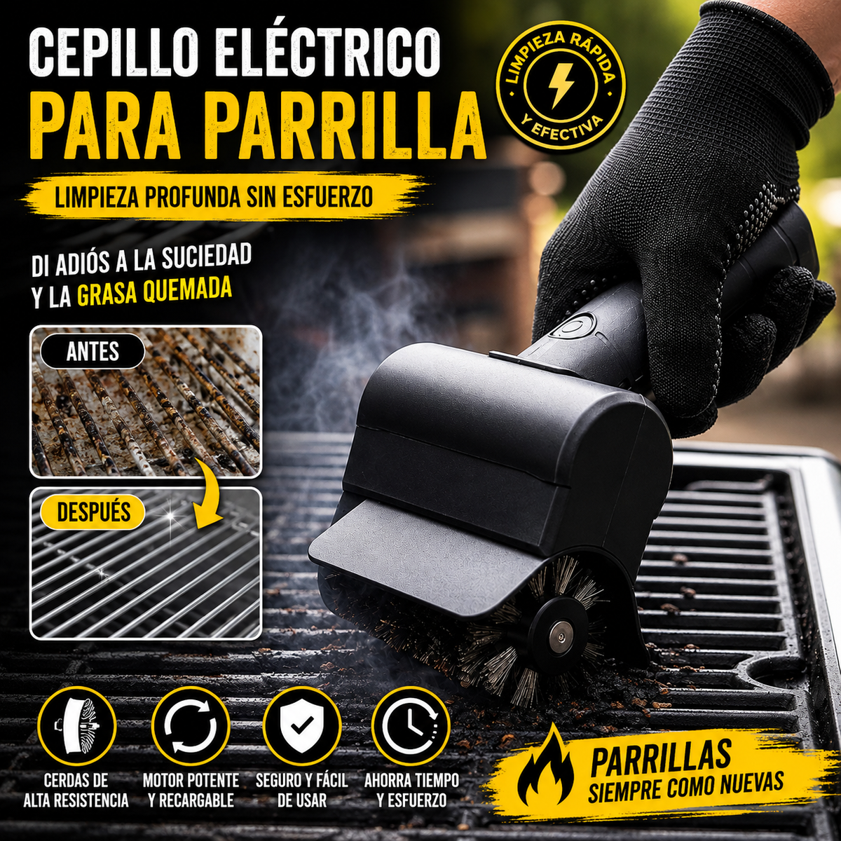 Cepillo Eléctrico para Limpiar Parrillas | Kit Parrillero con Guantes