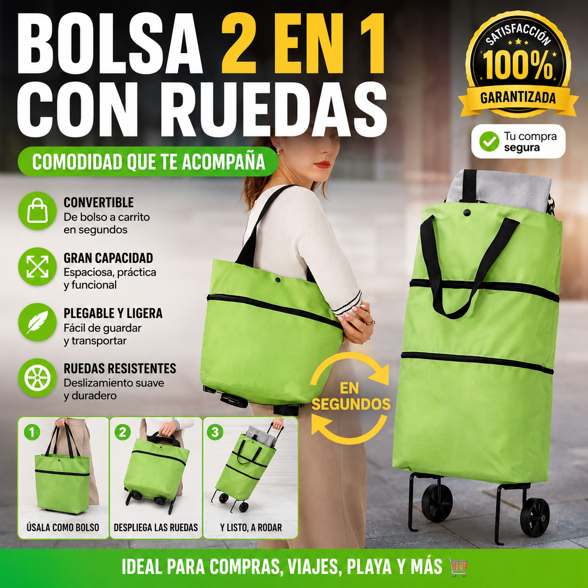 Bolso Plegable con Ruedas 2 en 1 para Viajes y Compras