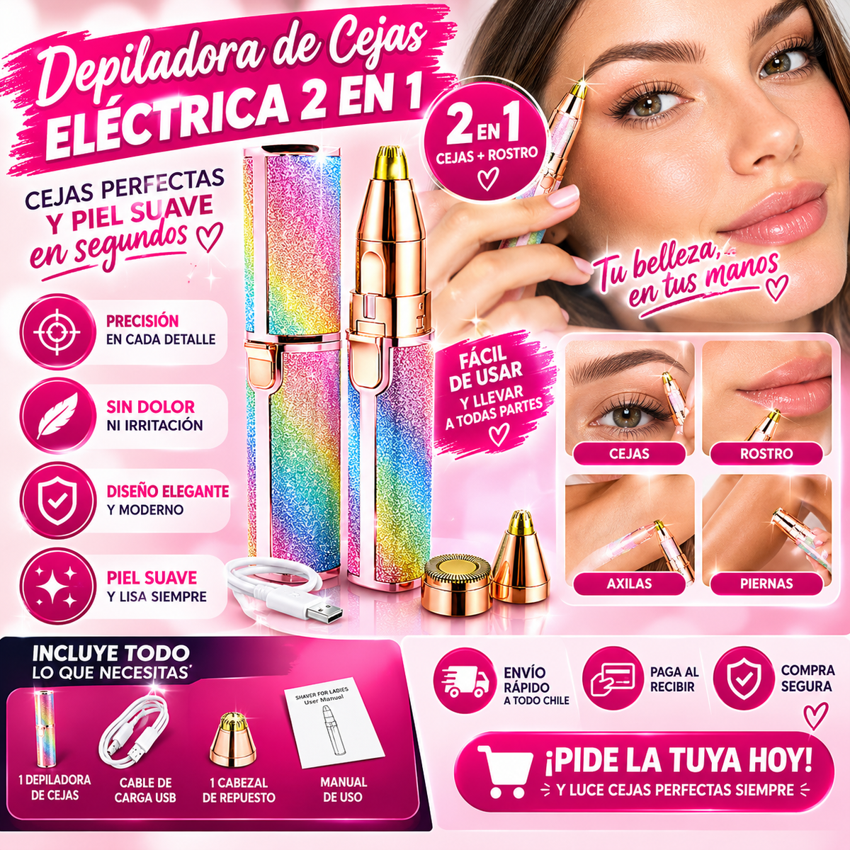 Afeitadora Facial y Depiladora de Cejas 2 en 1 Recargable USB