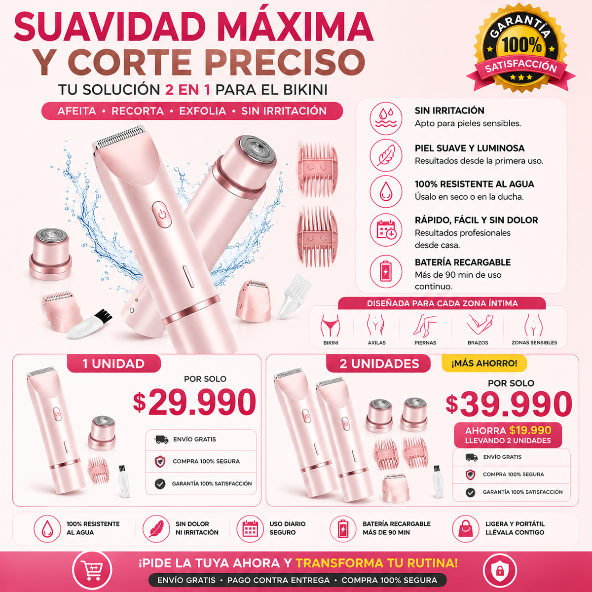 Depiladora Eléctrica 2 en 1 para Mujer Recargable